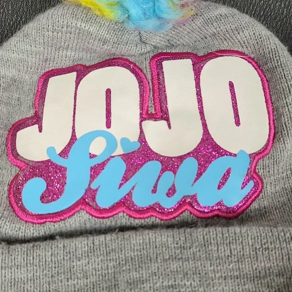 JoJo Siwa Beanie Girls Gray Rainbow Pom Pink Bow Glitter Nickelodeon Y2K Hat